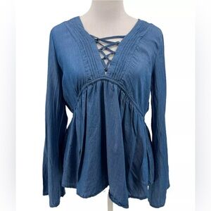 Altar’d State Blue Chambray Denim Flare Sleeve Lace Up Top Shirt NWT SZ SMALL